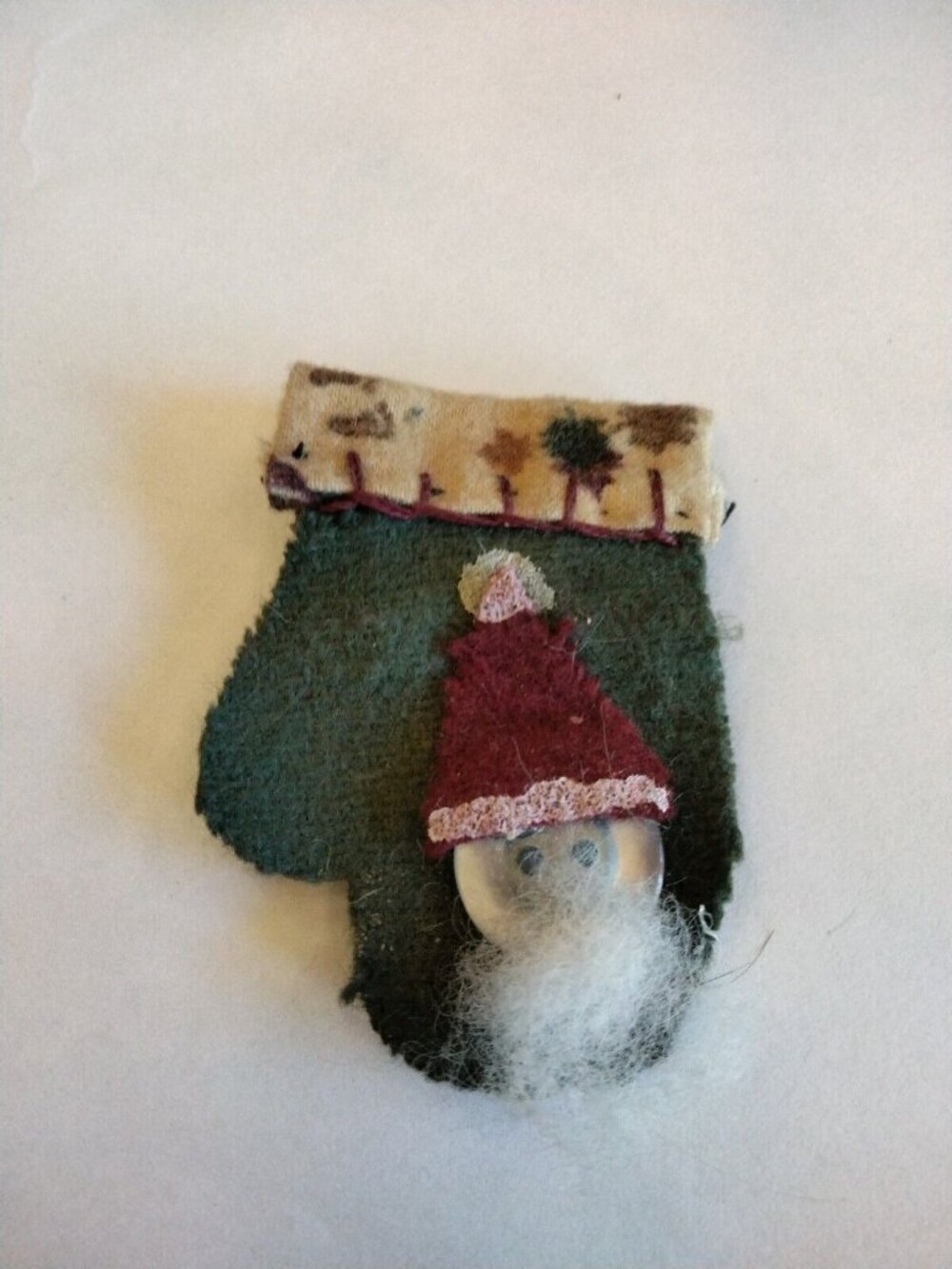 Santa Holiday Pin Handmade Felt Mitten Design Rustic Christmas Brooch